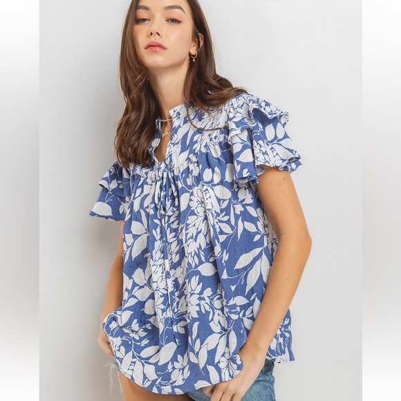 09 Boho Leaf Print Ruffle Sleeve Blouse Top - Picture 3 of 7